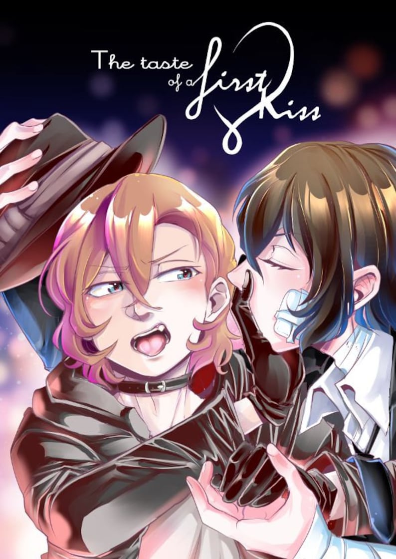 May include: Two anime characters, one with brown hair and a black hat, the other with blonde hair, are shown in a close-up. The text "The taste of a first kiss" is written in a stylized font above them.