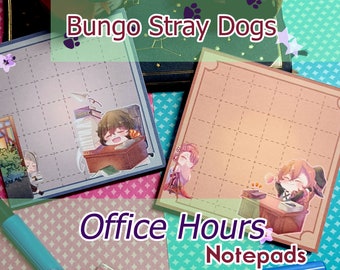 May include: Two illustrated notepad sets featuring characters from the anime "Bungo Stray Dogs". The notepads are labeled "Office Hours Notepads".