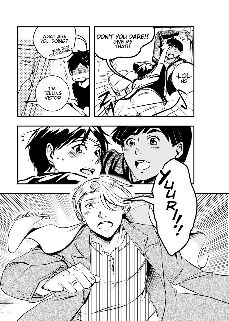 May include: A black and white comic book panel featuring three characters. The characters are all male and have different hairstyles. The panel is set in a school hallway. The text in the panel reads "What are you doing?" "Don't you dare! Give me that!" "I'm telling Victor" and "LOL-NO".