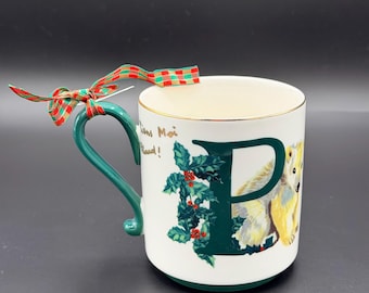 NWT NEW Anthropologie Nathalie Lété Stoneware Holiday Monogram “P” Mug Cup 13.5 oz