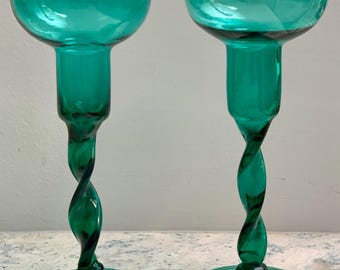 Hand Blown Candlesticks Set Of  2 Twisted Stems Peacock Green MCM