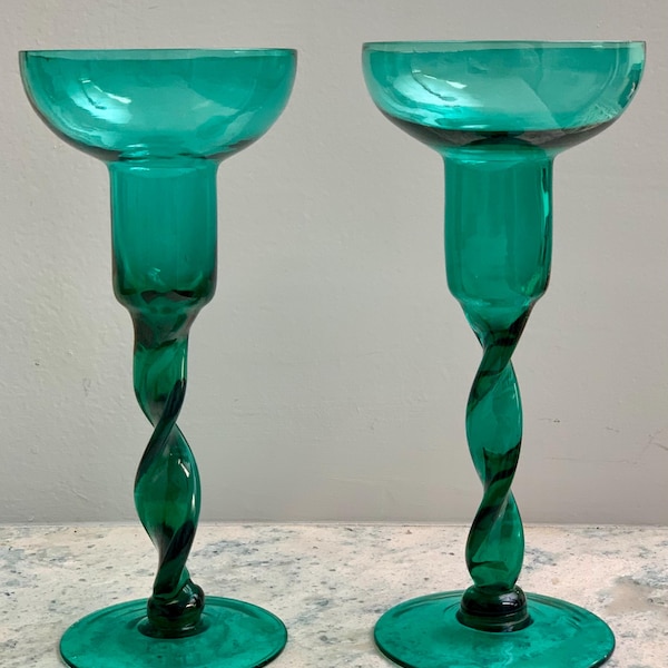 Hand Blown Candlesticks Set Of  2 Twisted Stems Peacock Green MCM