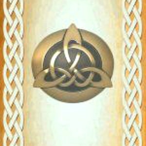May include: A gold Celtic knot design with a white border on a parchment background.