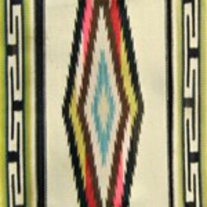 May include: A colorful diamond-shaped pattern woven into a white rug with black, green, and yellow borders. The pattern features shades of red, pink, brown, yellow, and blue.