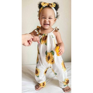 Baby girl sunflower jumpsuit romper, ready to ship, spring outfit, summer outfit, multiple season wear, baby coming home outfit, adjustable