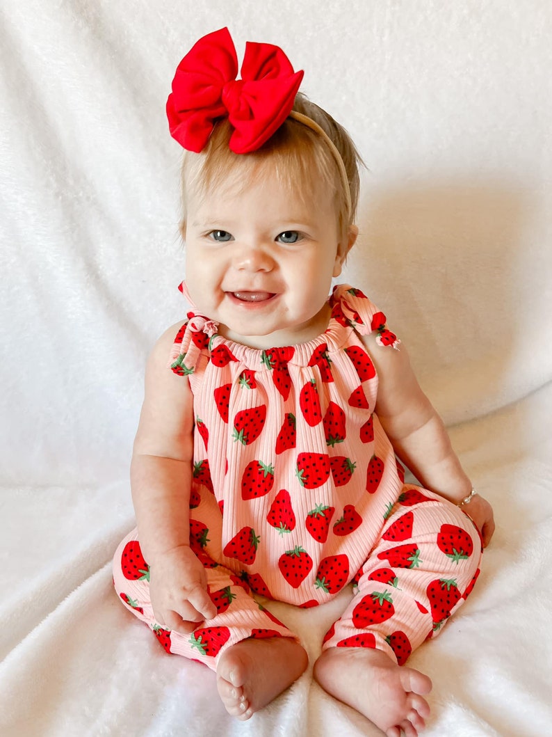 Baby girl, strawberry jumpsuit romper, ready to ship, spring outfit, summer outfit, multiple season, baby coming home outfit, adjustable image 1