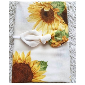 Sunflower knit newborn swaddle set, sunflower baby blanket, matching bow headband, soft and stretchy Perfect for newborn photography