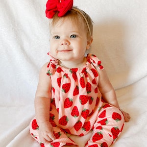 Baby girl, strawberry jumpsuit romper, ready to ship, spring outfit, summer outfit, multiple season, baby coming home outfit, adjustable image 3