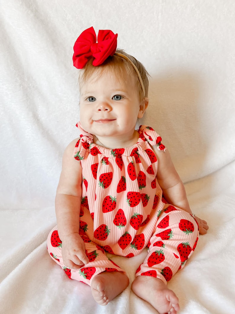 Baby girl, strawberry jumpsuit romper, ready to ship, spring outfit, summer outfit, multiple season, baby coming home outfit, adjustable image 3