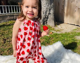 Baby girl, strawberry jumpsuit romper, ready to ship, spring outfit, summer outfit, multiple season, baby coming home outfit, adjustable