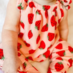 Baby girl, strawberry jumpsuit romper, ready to ship, spring outfit, summer outfit, multiple season, baby coming home outfit, adjustable image 2