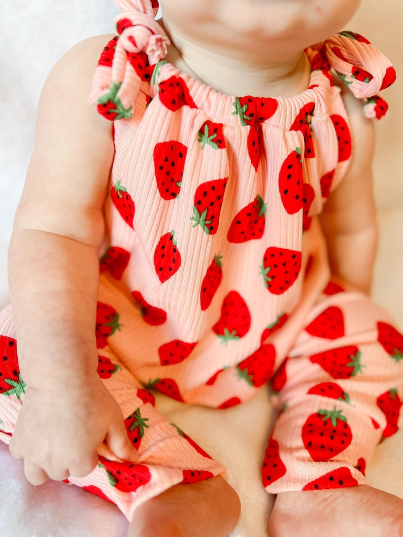 Baby girl, strawberry jumpsuit romper, ready to ship, spring outfit, summer outfit, multiple season, baby coming home outfit, adjustable image 2