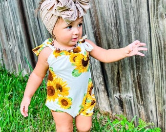 Baby girl, sunflower sunsuit romper, ready to ship, spring outfit, summer outfit, multiple season, baby coming home outfit, adjustable