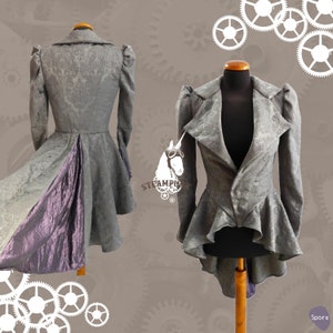 Victorian Steampunk style jacket in damask fabric with purple taffeta lining and inserts.