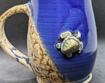 Pottery coffee mug handmade pottery mug with sea turtles, one righty, one lefty