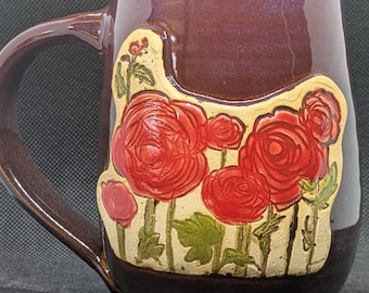 Pottery coffee mug with roses flowers in Cobalt and merlot glazes