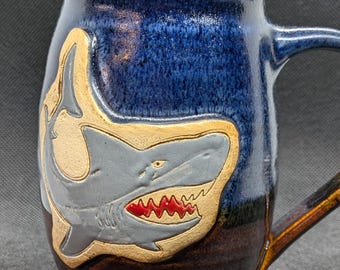 Pottery coffee mug in layered blues  with shark handmade mug