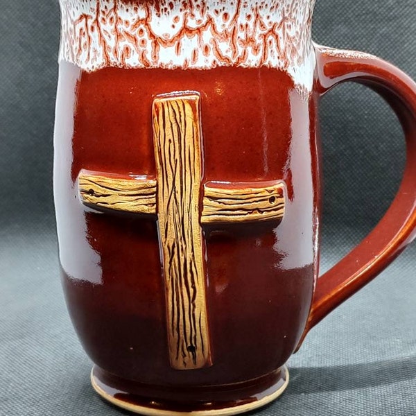 Pottery handmade coffee mug featuring an old rugged cross large mug 16+ oz.