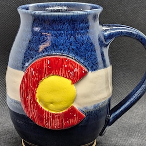 Handmade Colorado Flag Coffee Mug: Light Cobalt Blue, Wood Detail