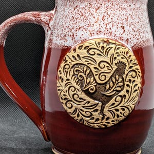 Handmade Pottery coffee mug with a rooster chicken  in iron and oatmeal  16+ oz