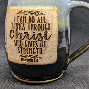 handmade Pottery coffee mug with Philippines 4:13 in merlot and blue 16+ oz image 2