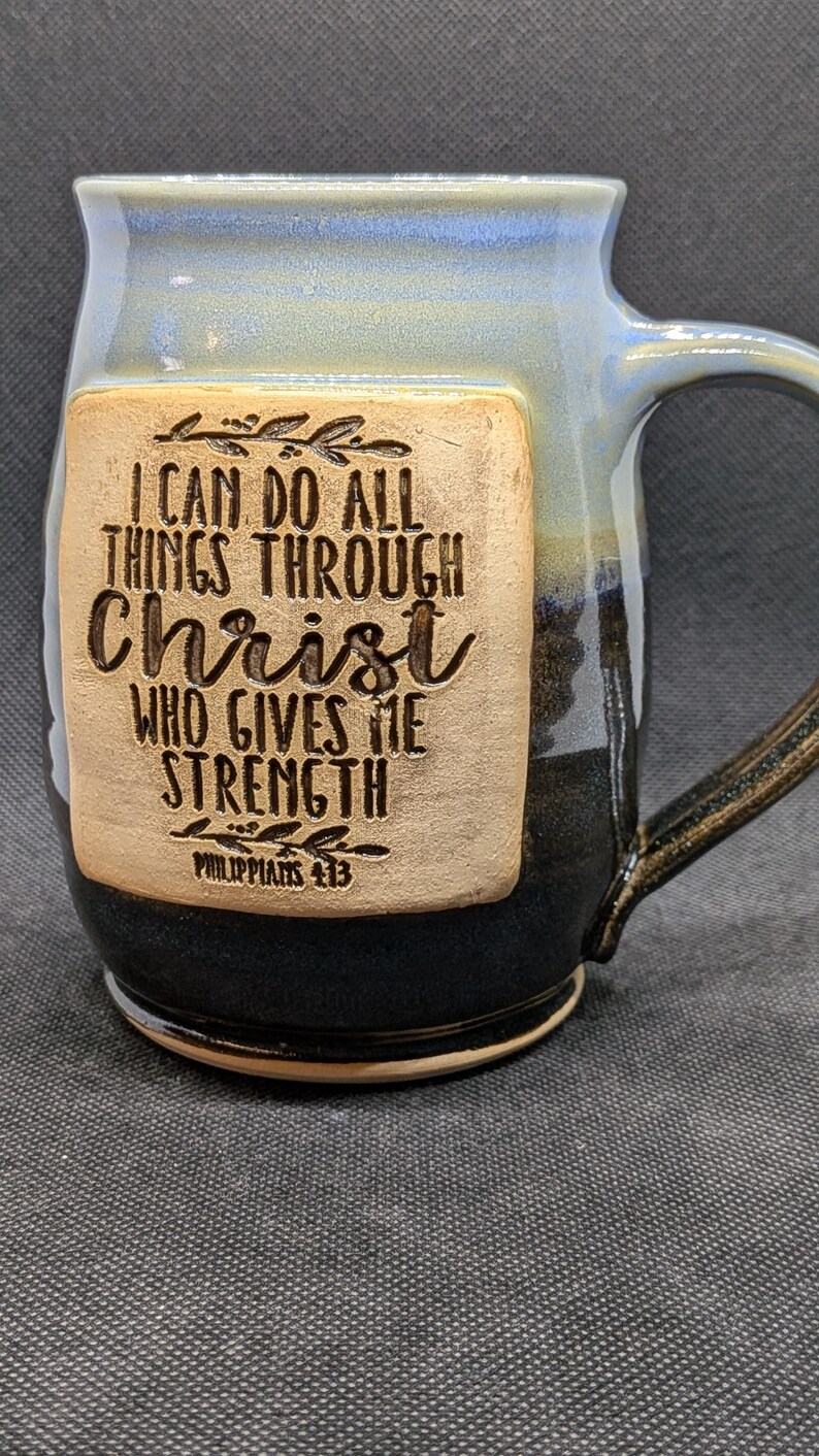 handmade Pottery coffee mug with Philippines 4:13 in merlot and blue 16+ oz image 2