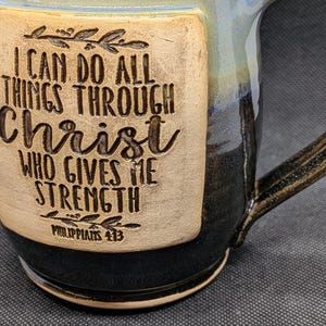 handmade Pottery coffee mug with Philippines 4:13 in merlot and blue 16+ oz image 5
