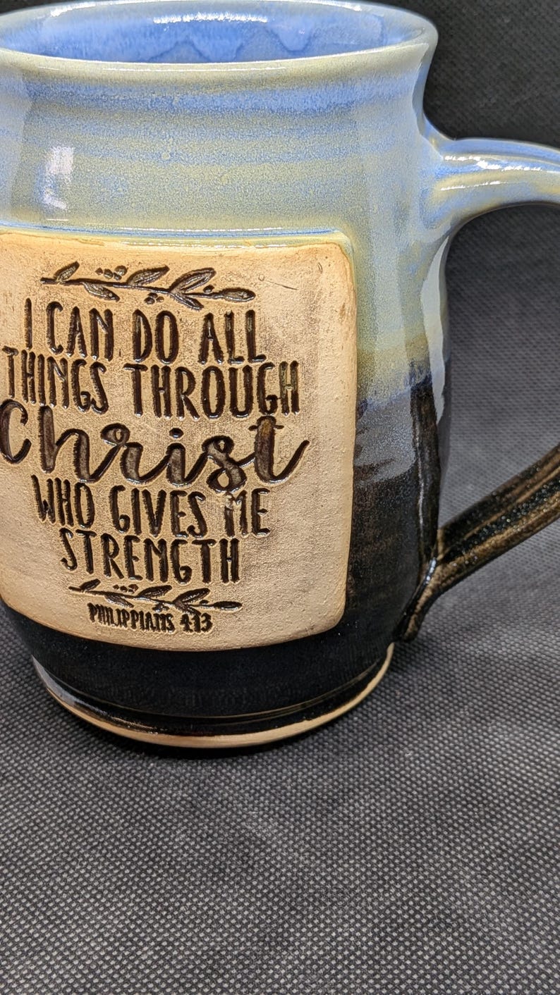 handmade Pottery coffee mug with Philippines 4:13 in merlot and blue 16+ oz image 5
