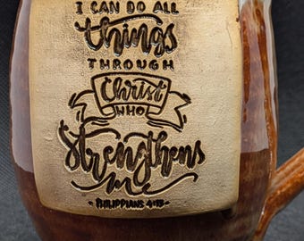 handmade Pottery coffee mug with Philippines 4:13  in merlot and blue 16+ oz