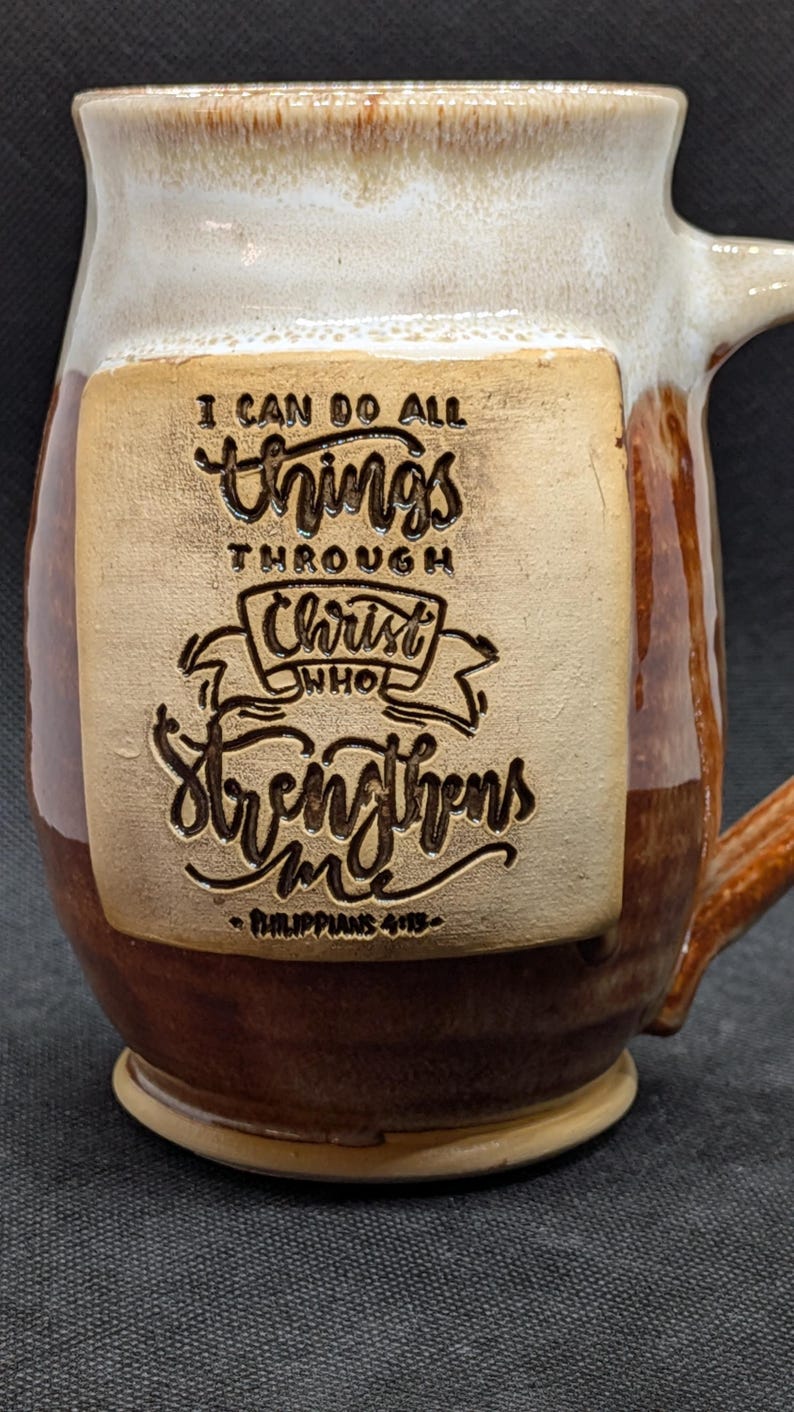 handmade Pottery coffee mug with Philippines 4:13 in merlot and blue 16+ oz Orange