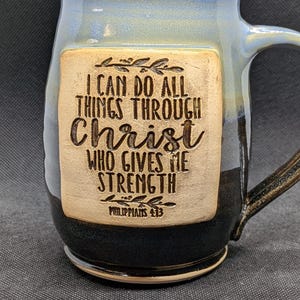 handmade Pottery coffee mug with Philippines 4:13 in merlot and blue 16+ oz Blue