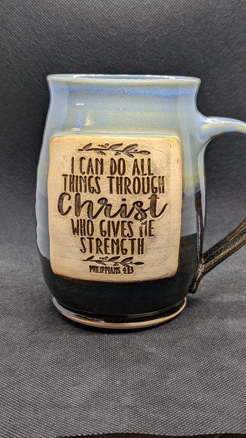handmade Pottery coffee mug with Philippines 4:13 in merlot and blue 16+ oz Blue
