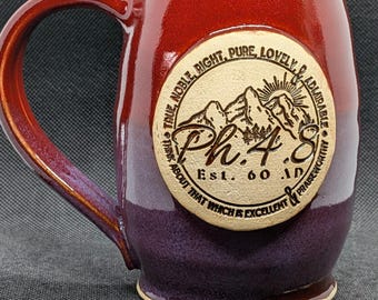 Handmade Pottery Coffee Mug, Mountain Design with Ph 4:8, 16 oz