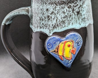 Handmade pottery coffee mug tropical fish pottery mug aquarium heart .