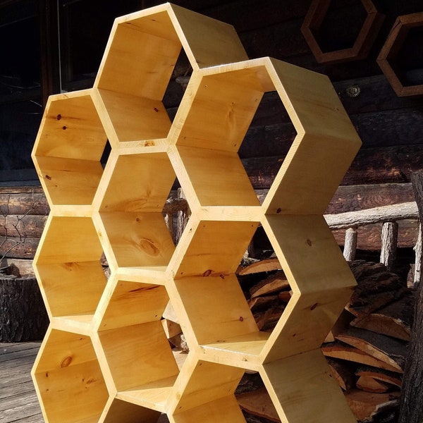 honeycomb shelving unit in finished pine wood