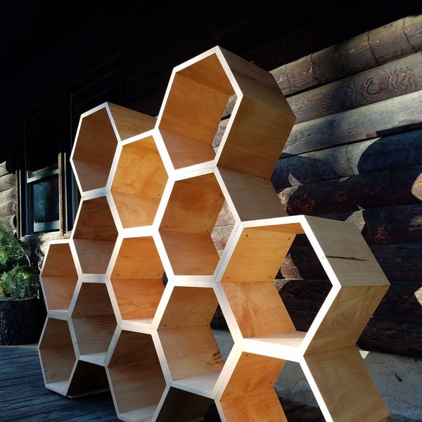 Maple hardwood shelving unit / hexagon shelves, honeycomb shelves, bookshelf, retail shelving, retail display, office shelves, bookshelves