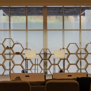 May include: A modern living room with a large window and a set of hexagonal shelves. The shelves are filled with decorative objects and plants. There are several chairs in front of the shelves, facing the window.