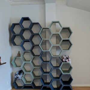May include: A wall-mounted hexagonal shelf unit with a mix of blue and green painted shelves. The shelves are arranged in a staggered pattern, creating a unique and modern look.