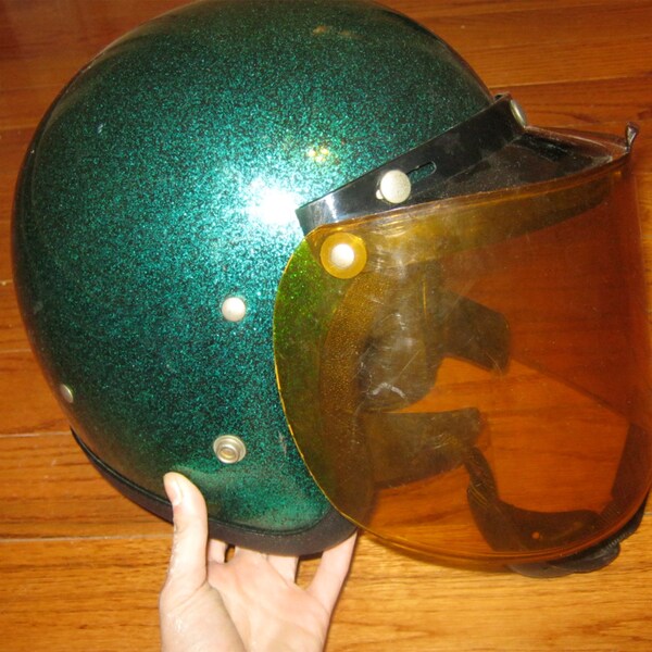 Vintage 1970s green shimmery glitter motorcycle helmet with shield