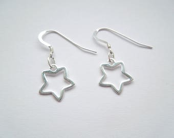 Sterling Silver 925 Open Hollow Star Drop Earrings