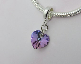 Sterling Silver 925 Purple Swarovski Crystal Heart Charm For European Bracelets Vitrail Light