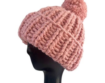Handmade Chunky Knit Beanie with Pom Pom: Alpaca Wool Blend Winter Hat