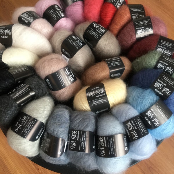 DROPS Kid-Silk Mohair- und Seidengarn. Eine wunderbare Mischung aus Super-Kid-Mohair- und Seiden-Mohair-Garnen. Drops-Design-Spitzengarn