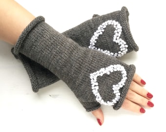 Bushy knit gloves finger less, Bushy knit mittens, Thick mittens, Thick gloves with embroidery, Romantic knit gloves finger less, Armstulpen