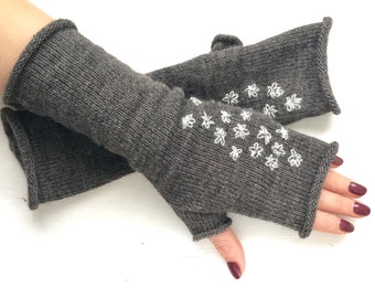 Handmade Knit Fingerless Gloves: Wool Blend Arm Warmers with Floral Embroidery