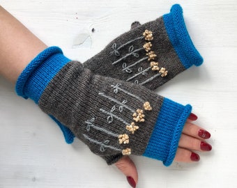 Knit fancywork mittens, Knit fancywork gloves fingerless, Knitted mittens with embroidery, Knit Arm warmers, Knit long mittens, Armstulpen