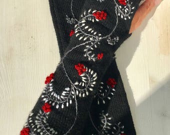 Handmade Knit Fingerless Gloves: Extra Long Berry Design Arm Warmers