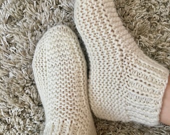 Hand Knit Wool Socks: Cable Knit, Fuzzy House Slippers