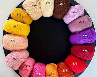 Puede incluir: Un círculo de ovillos de lana en varios colores, incluyendo amarillo, naranja, rojo, rosa, morado y marrón. Cada ovillo tiene un número impreso.
