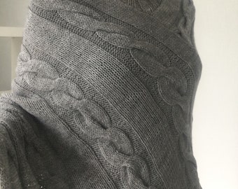 Hand Knit Cable Poncho: Asymmetric Boho Wool Blend Sweater
